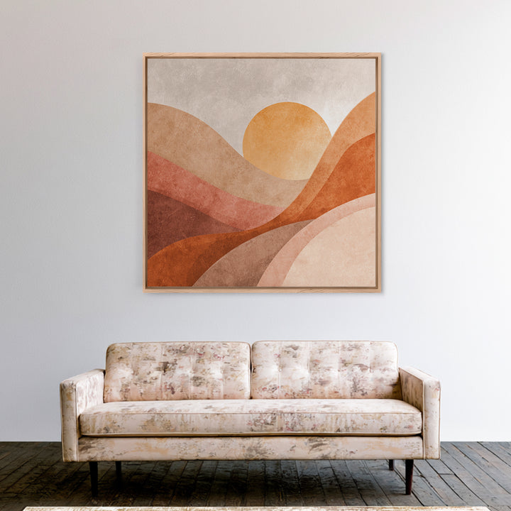 Terracotta Sun Over Abstract Hills Framed Canvas Print, Earth Tone Wall Art For Modern Home Decor And Living Room Wall Decor