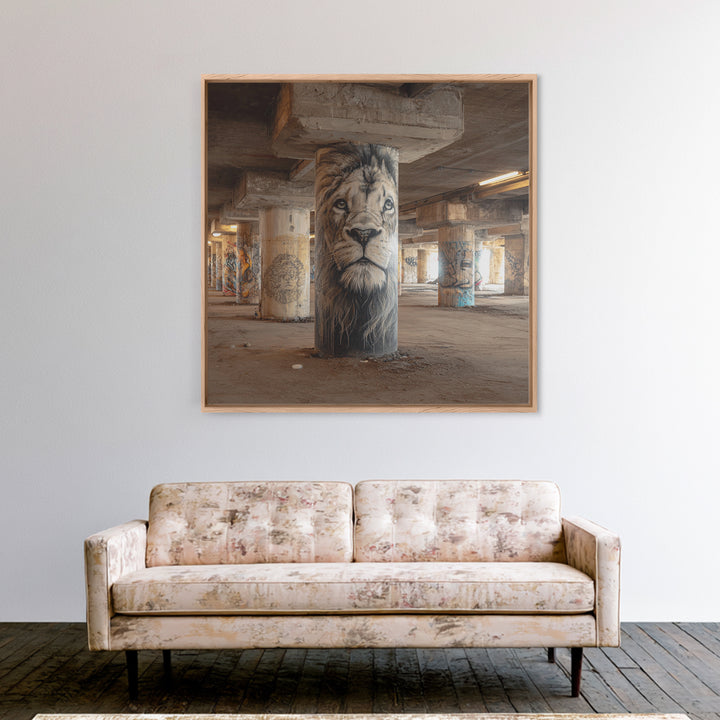 Realistic Lion Portrait On Concrete Pillar Wall Art, Urban Wildlife Canvas Print, Graffiti Decor For Office And Man Cave