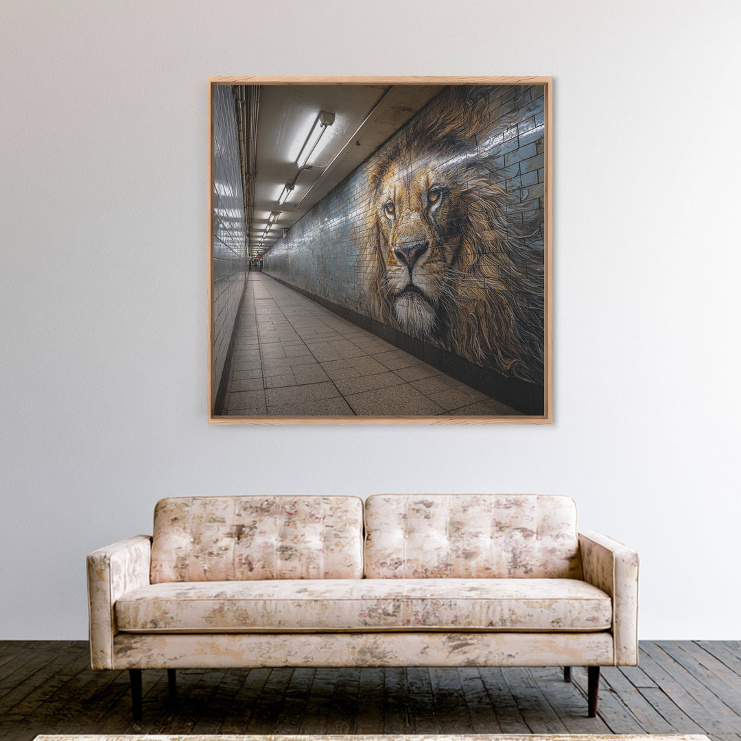 Majestic Lion Mural In Subway Tunnel Wall Art, Urban Street Art Print, Animal Wall Decor, Masculine Office Decor Gift Idea