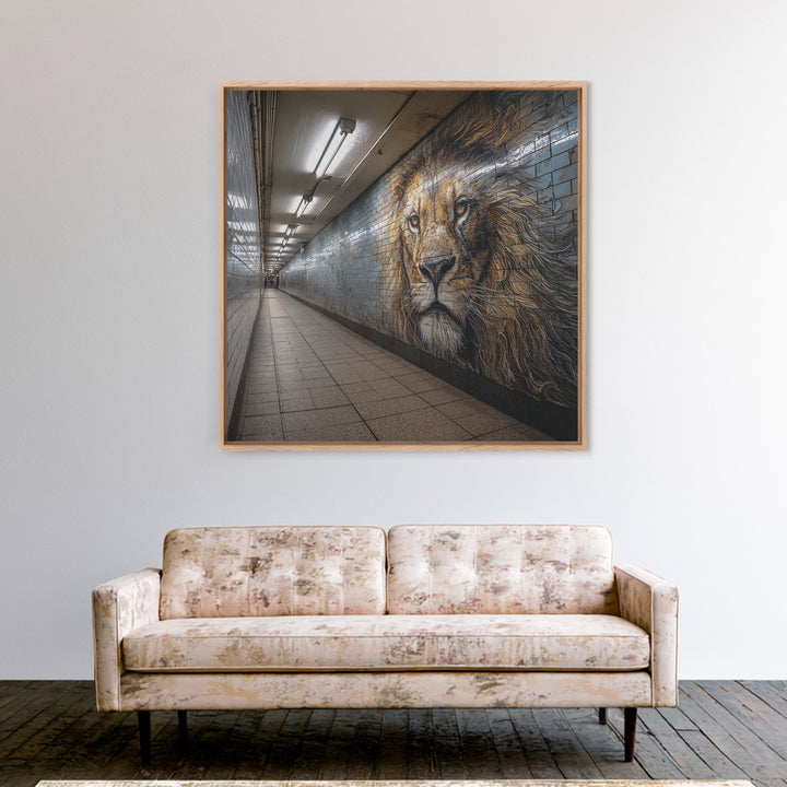 Majestic Lion Mural In Subway Tunnel Wall Art, Urban Street Art Print, Animal Wall Decor, Masculine Office Decor Gift Idea