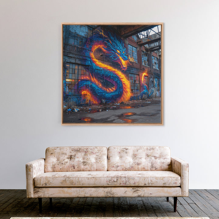 Neon Dragon Graffiti On Abandoned Brick Wall Art, Cyberpunk Street Art Canvas Print, Bold Urban Home Decor Gift For Gamer Room
