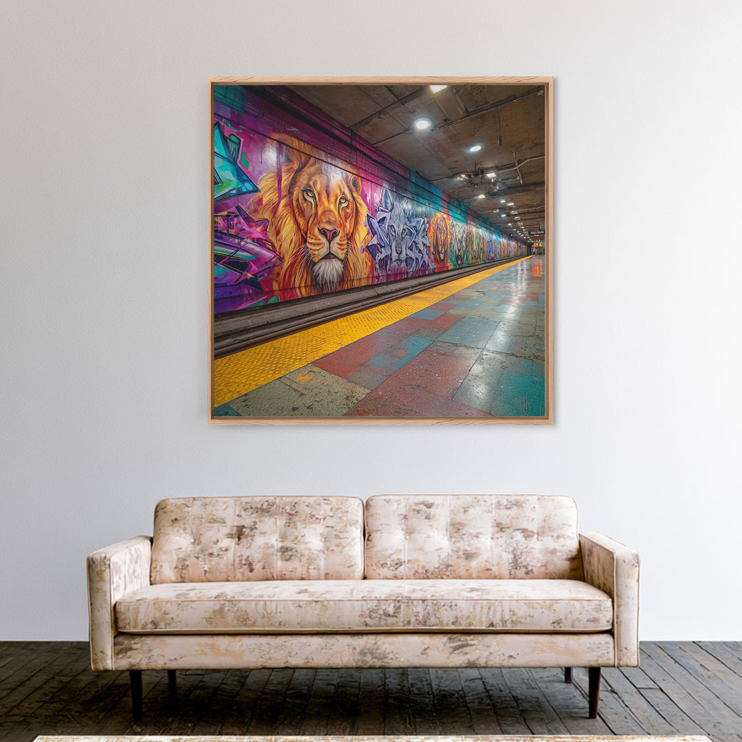 Vivid Lion Graffiti Subway Platform Canvas Print, Urban Street Art For Gaming Room Decor And Bold Modern Home Decor Wall Decor
