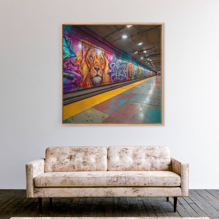 Vivid Lion Graffiti Subway Platform Canvas Print, Urban Street Art For Gaming Room Decor And Bold Modern Home Decor Wall Decor