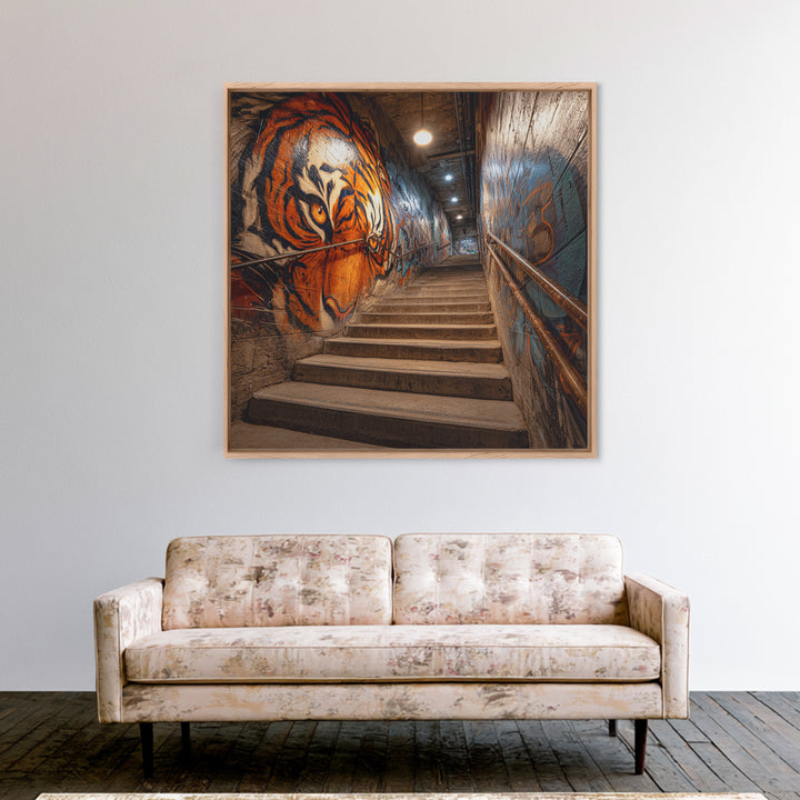 Roaring Tiger Graffiti Stairwell Wall Art, Urban Street Art Print, Industrial Decor, Bold Animal Wall Decor, Modern Home Decor