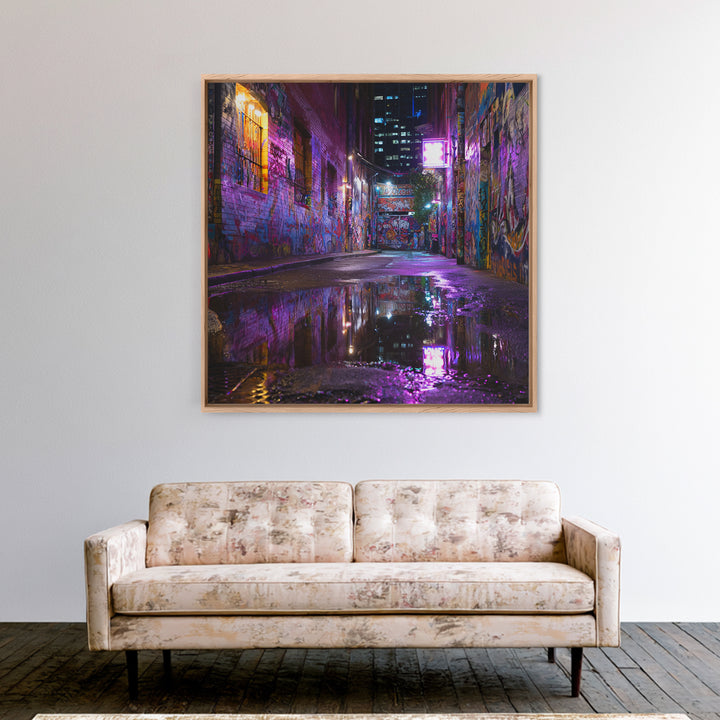 Neon Graffiti Alley Reflections Wall Art, Urban Street Canvas Print, City Night Decor, Edgy Contemporary Office Art Gift