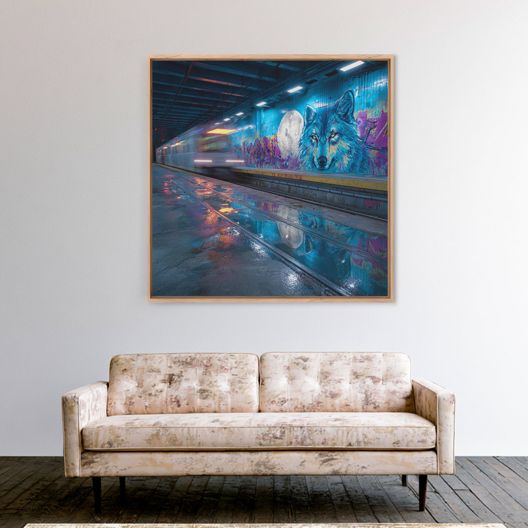 Neon Subway Wolf Graffiti Wall Art, Urban Street Art Canvas Print, Cyberpunk Decor, Gaming Room Poster, Gift For Him, Modern Wall Decor