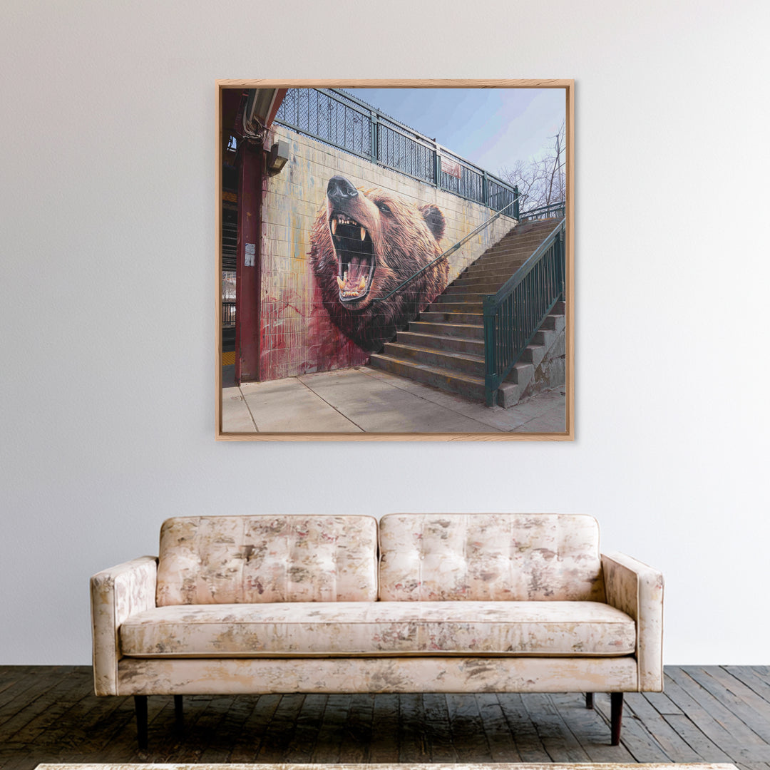 Roaring Bear Urban Stairway Mural Wall Art, Graffiti Canvas Print, Wildlife Decor, Street Art Gift For Animal Lover, Home Decor