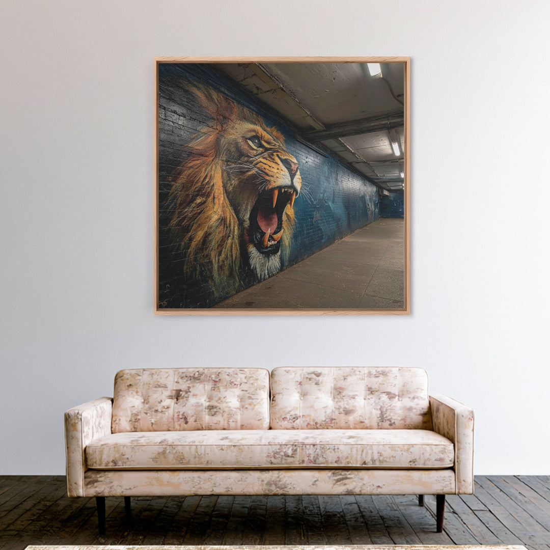 Roaring Lion Subway Mural Wall Art, Urban Graffiti Canvas, Big Cat Street Art Print, Bold Industrial Living Room Decor Gift