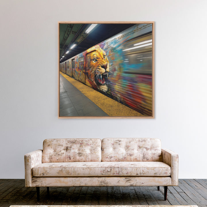Roaring Lion Subway Train Canvas Print, Motion Blur Graffiti Wall Art, Big Cat Urban Street Decor For Modern Home Decor Gift