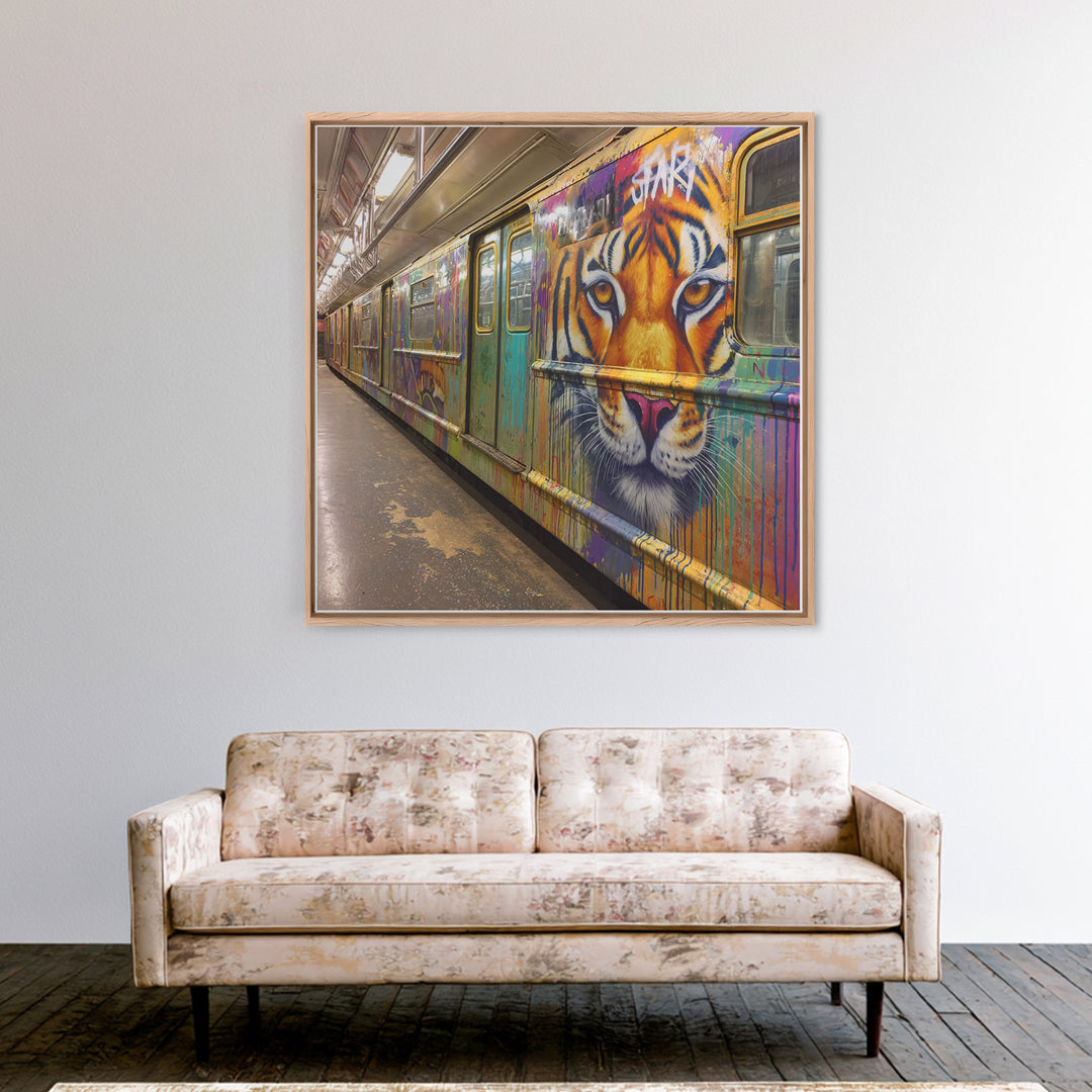 Tiger Face Graffiti Subway Train Canvas Print, Bold Urban Street Art For Maximalist Decor And Modern Wall Decor Gift Idea