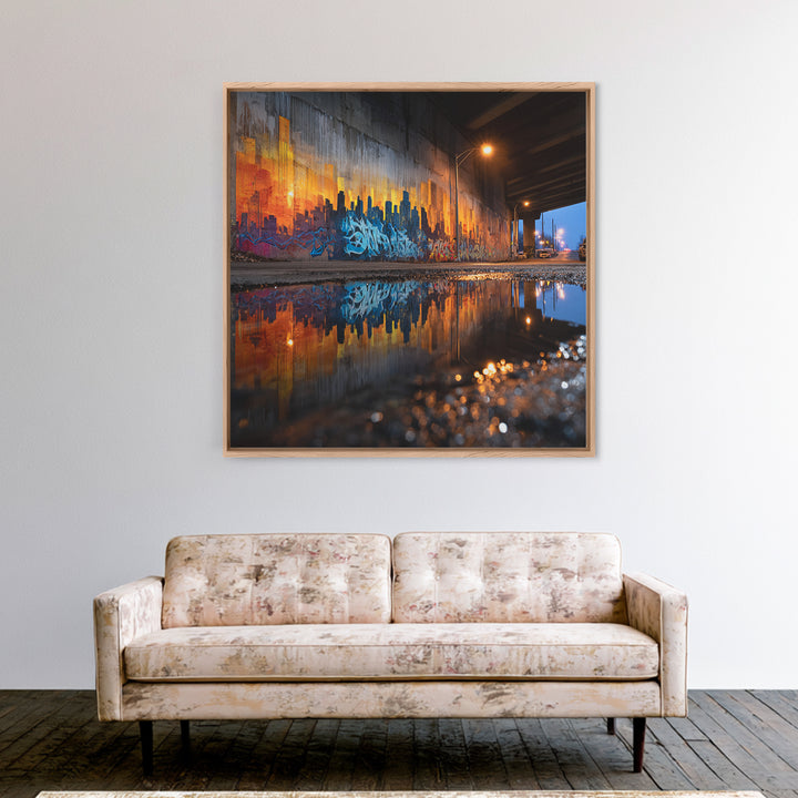 Urban Graffiti Underpass Wall Art, City Skyline Reflection, Street Art Print, Industrial Decor, Modern Office Wall Decor