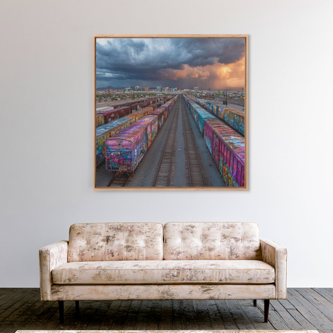 Graffiti Freight Train Yard Wall Art, Urban Street Art Canvas Print, Modern Industrial City Decor, Colorful Office Wall Art