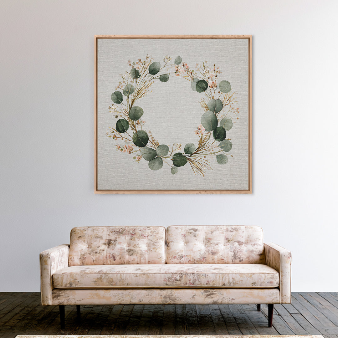 Eucalyptus Wreath Botanical Wall Art, Minimalist Canvas Print, Sage Green Floral Decor, Farmhouse Entryway Housewarming Gift