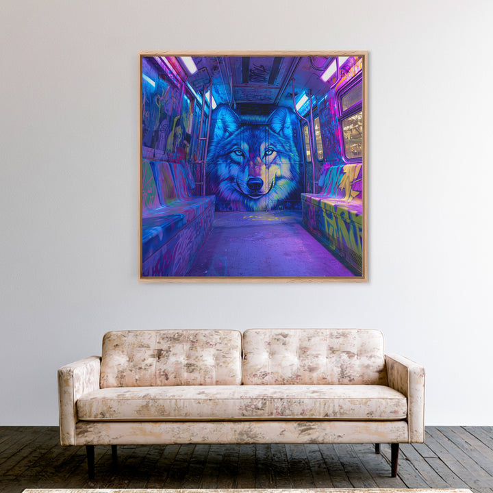 Neon Blue Wolf Subway Canvas Print, Cyberpunk Graffiti Animal Wall Decor, Urban Street Art, Gamer Room Statement Art Gift