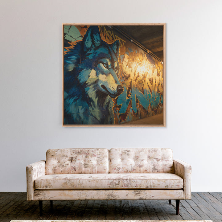 Blue Wolf Graffiti Mural Wall Art, Urban Animal Canvas Print, Street Art Decor, Modern Man Cave Wall Decor, Wolf Lover Gift