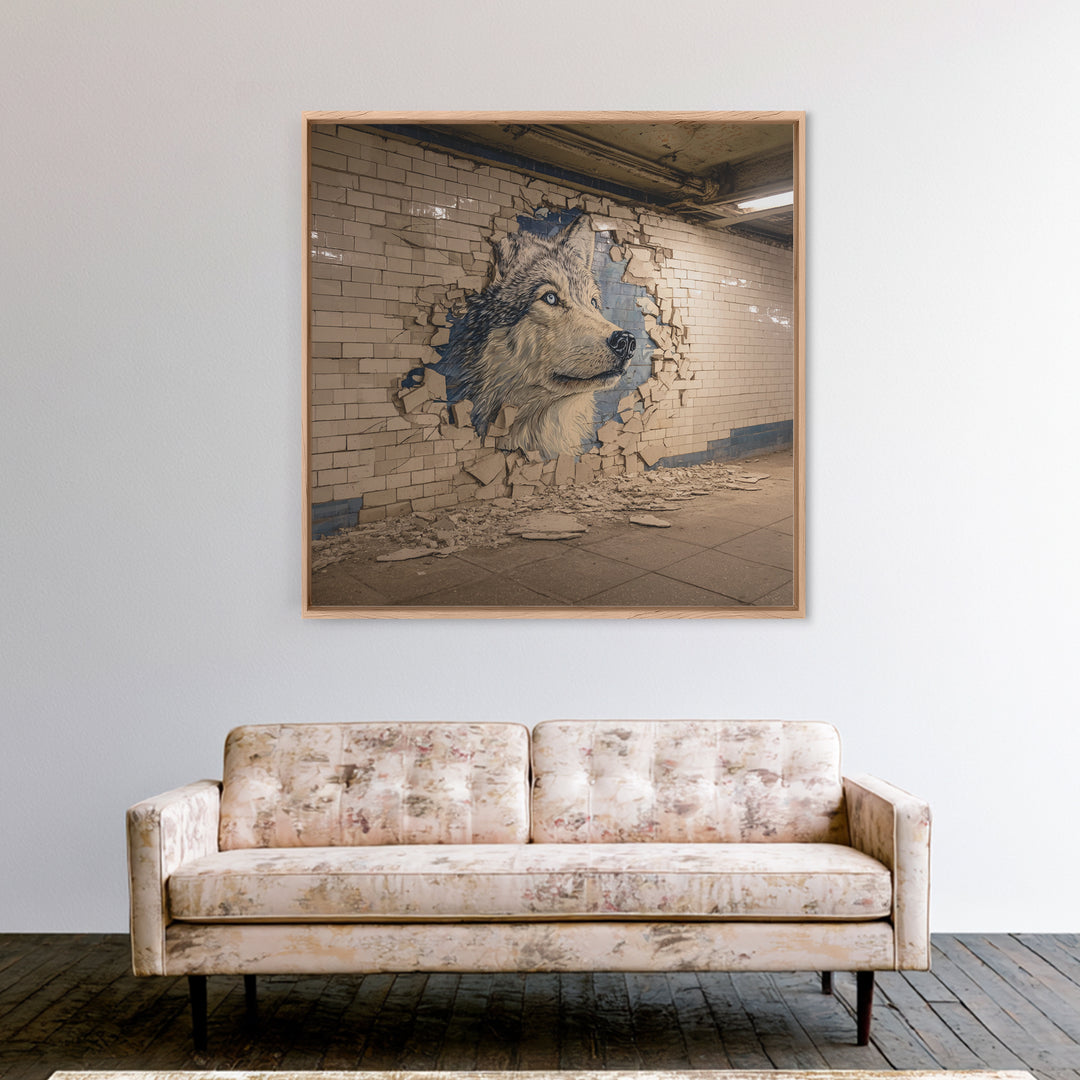Wolf Mural Bursting Through Subway Tile Wall Art, Urban Animal Canvas Print, Street Art Decor For Modern Office Wall Decor Gift