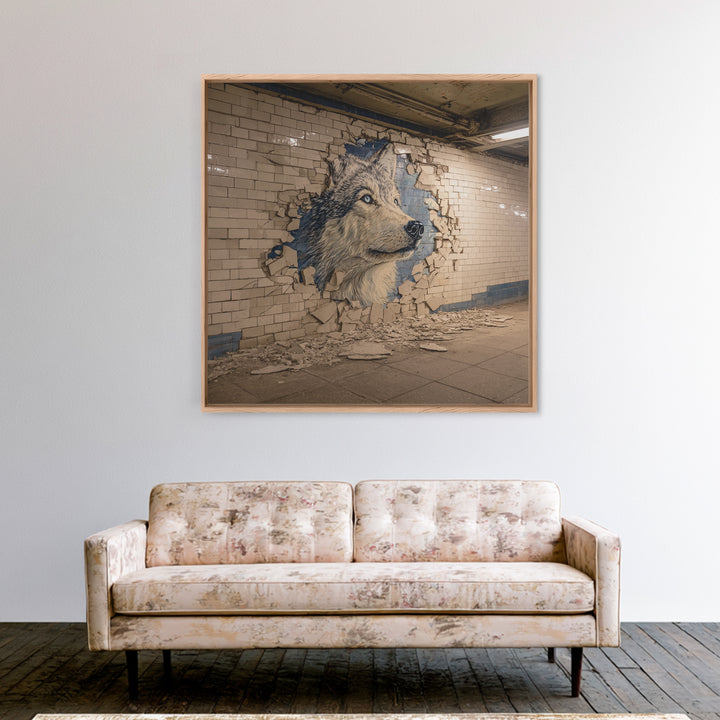 Wolf Mural Bursting Through Subway Tile Wall Art, Urban Animal Canvas Print, Street Art Decor For Modern Office Wall Decor Gift