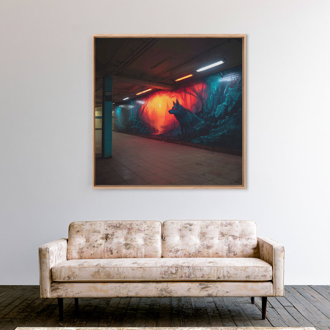 Neon Wolf Subway Mural Wall Art, Urban Graffiti Canvas Print, Cyberpunk Street Decor, Moody Animal Art For Home Office Gift