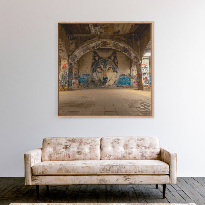 Realistic Wolf Mural In Abandoned Archway Framed Canvas Print, Urban Street Art, Animal Wall Decor, Moody Office Decor, Home Decor