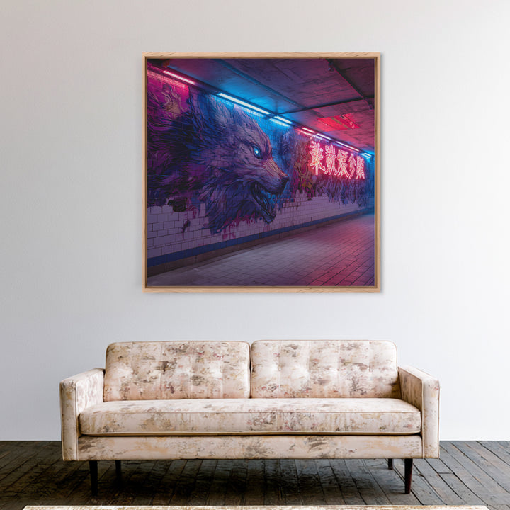 Neon Wolf Subway Mural Canvas Print, Cyberpunk Graffiti Wall Art, Futuristic Animal Street Art For Gaming Room Decor Gift