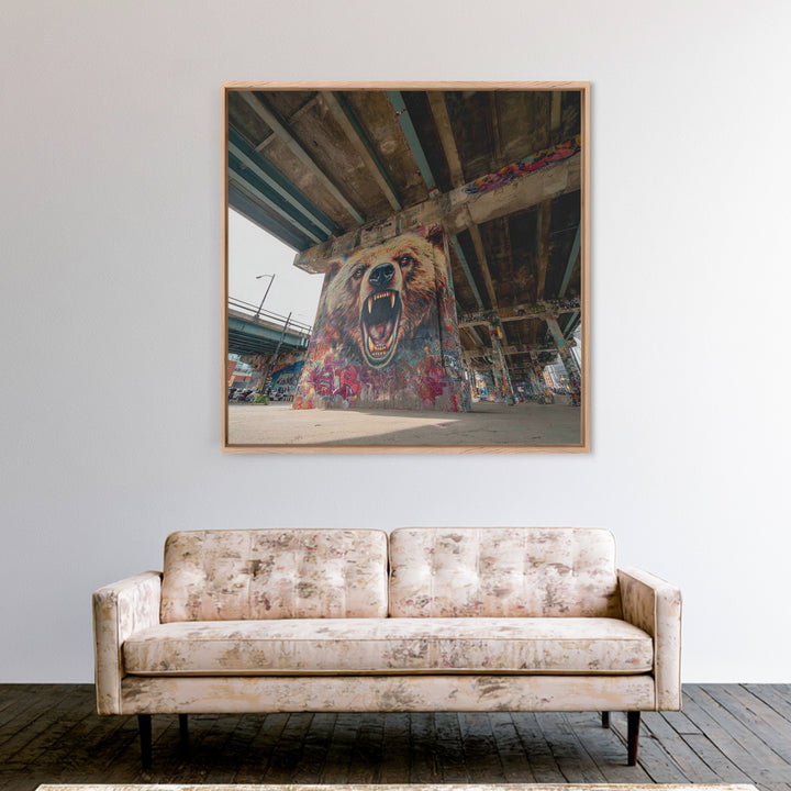Roaring Bear Graffiti Underpass Wall Art, Urban Street Art Canvas Print, Wildlife Mural Decor, Man Cave Industrial Loft Home Decor