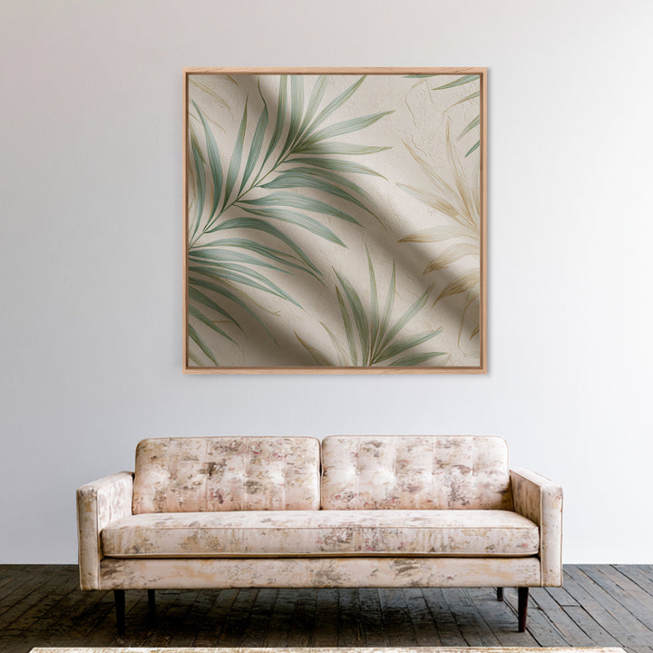 Tropical Palm Leaf Wall Art, Soft Green Beige Canvas Print, Coastal Botanical Decor, Boho Spa Bathroom Wall Decor For Relaxing Home Decor