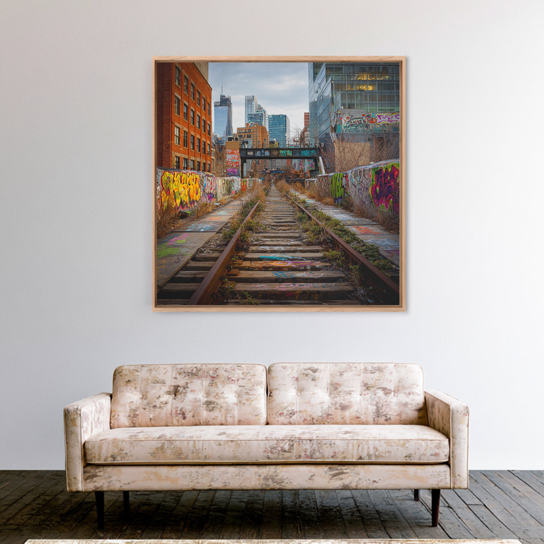 Abandoned Graffiti Railway Through City Wall Art, Urban Landscape Photography For Loft Decor And Modern Office Wall Decor