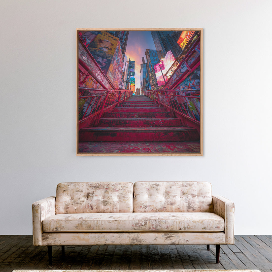 Neon City Stairway At Sunset Wall Art, Urban Graffiti, Times Square Travel Poster, Colorful Modern Canvas Print Home Decor