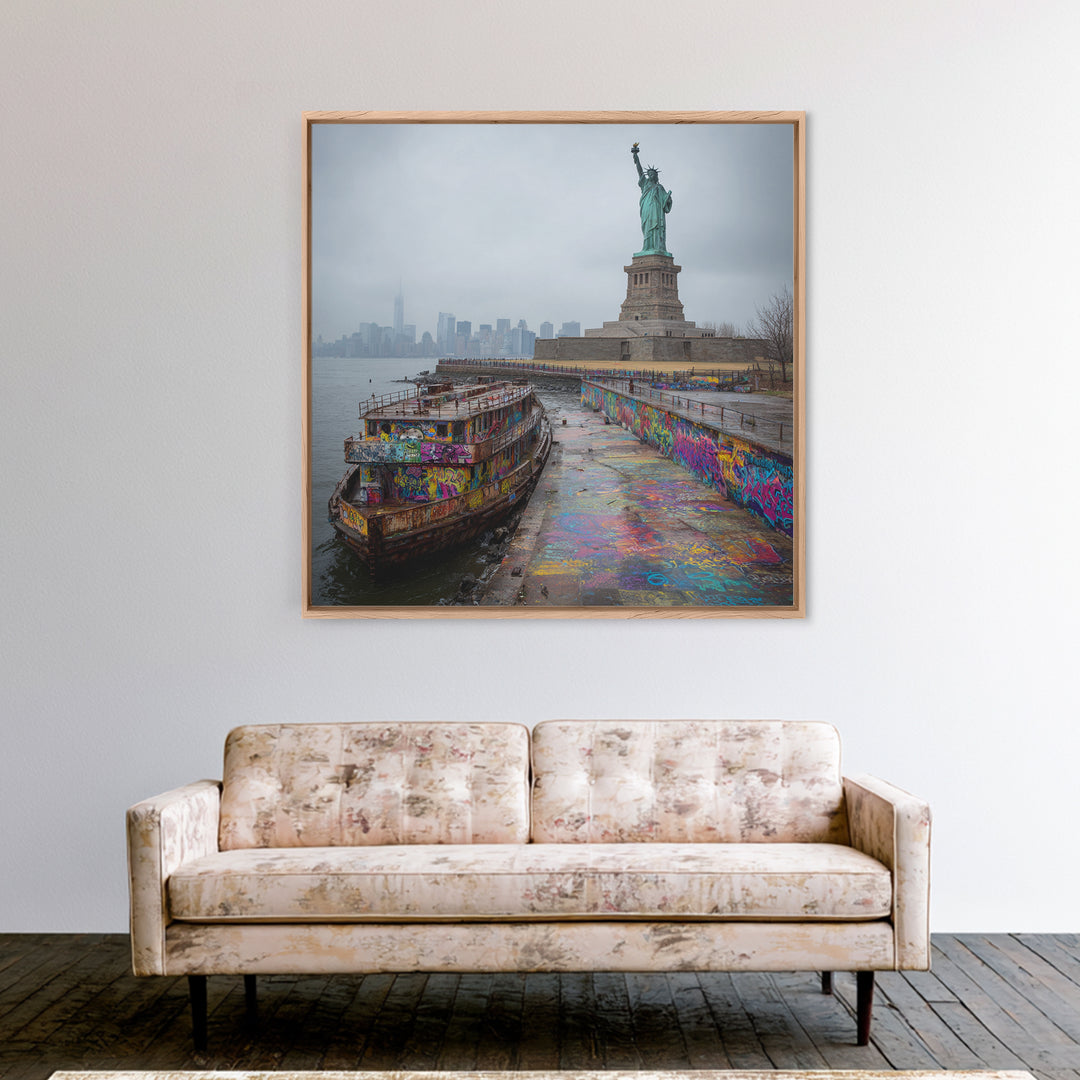 Statue Of Liberty And Graffiti Harbor Wall Art, NYC Travel Print, Urban Street Art Decor, New York City Gift For Living Room Decor
