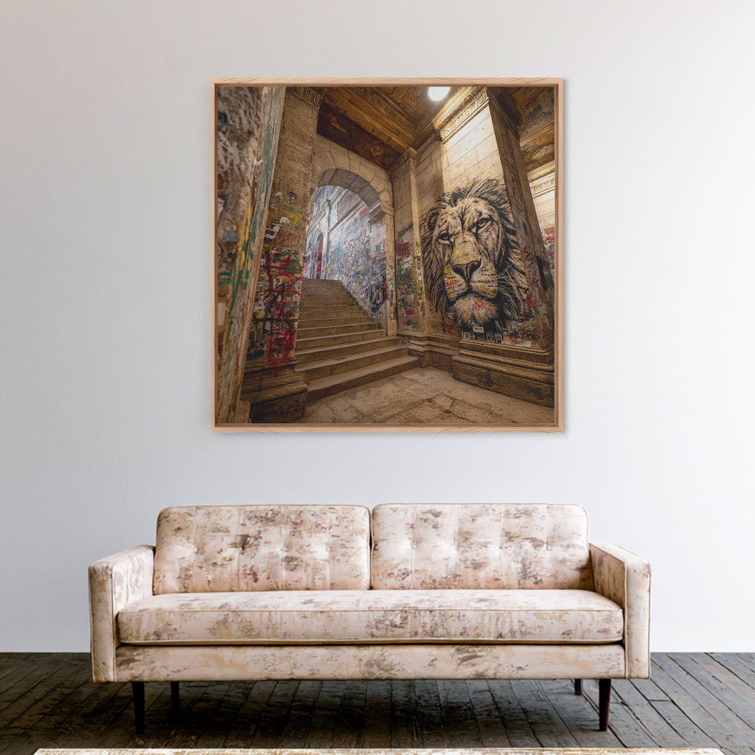 Urban Lion Mural Stairway Wall Art, Graffiti Street Art Canvas Print, City Decor, Bold Contemporary Modern Office Wall Decor