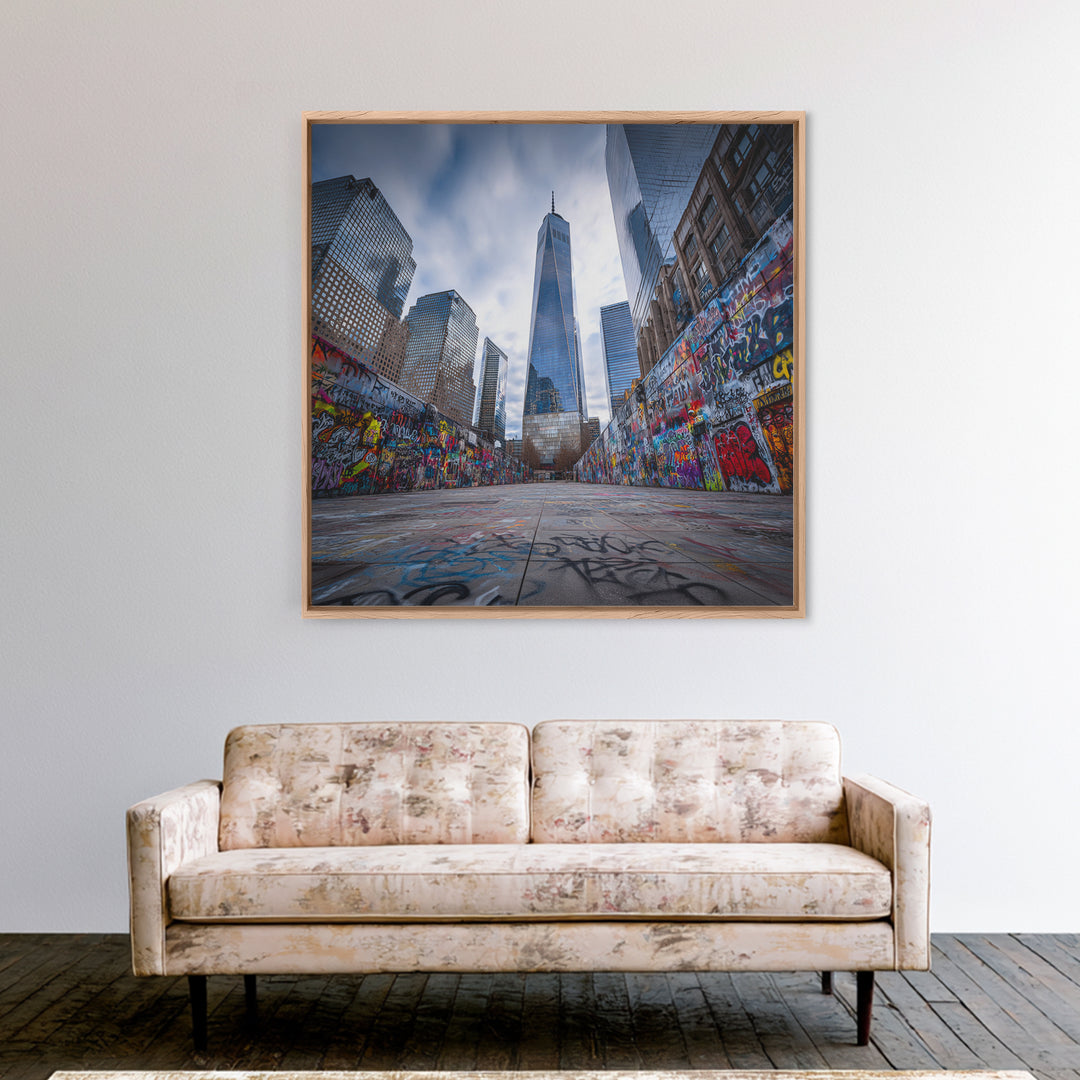 One World Trade Graffiti Courtyard Wall Art, Urban Cityscape Canvas Print, NYC Street Art Decor For Office And Apartment