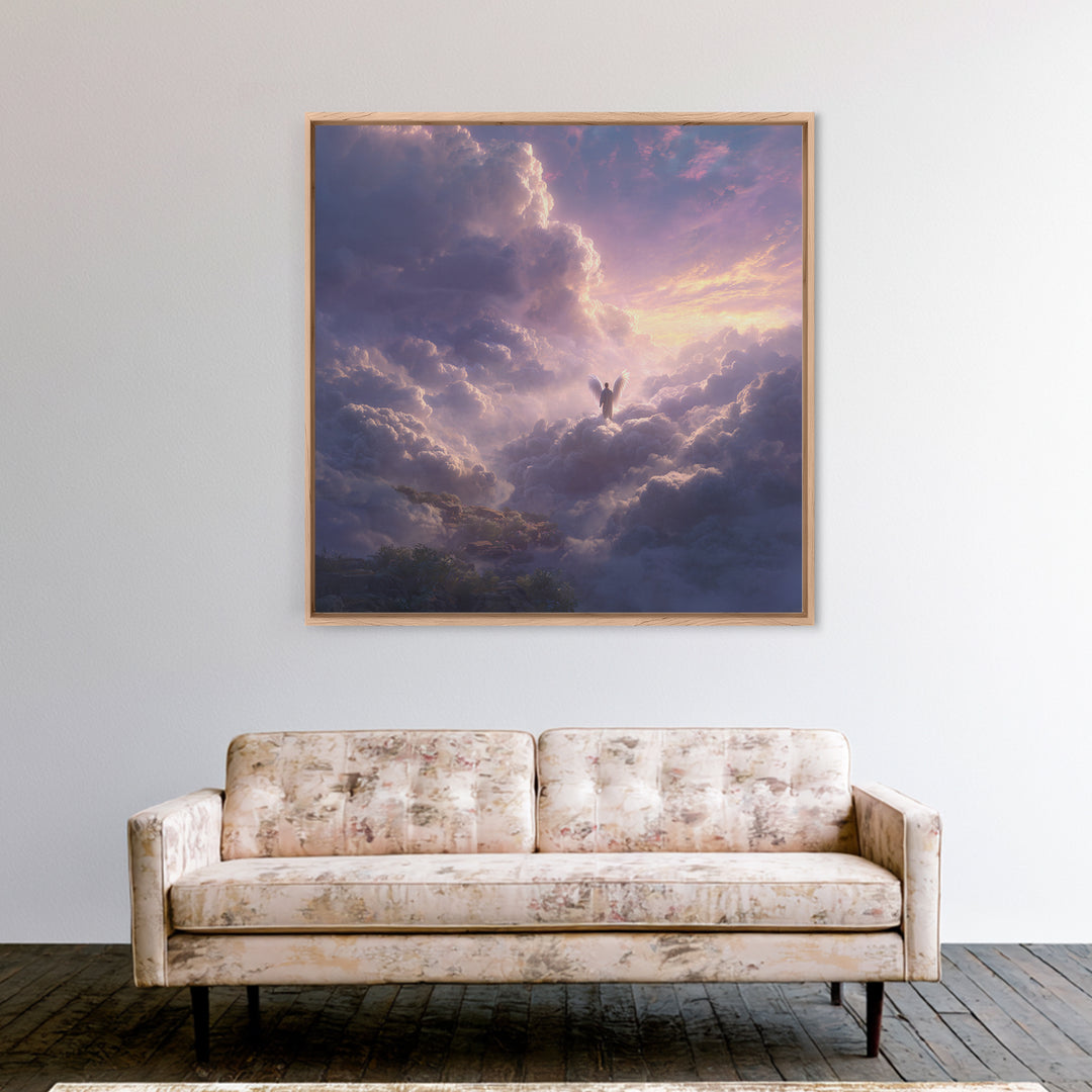 Radiant Angel Above Pastel Clouds Wall Art, Celestial Fantasy Canvas Print, Spiritual Decor, Ethereal Nursery Wall Art, Gift For Her