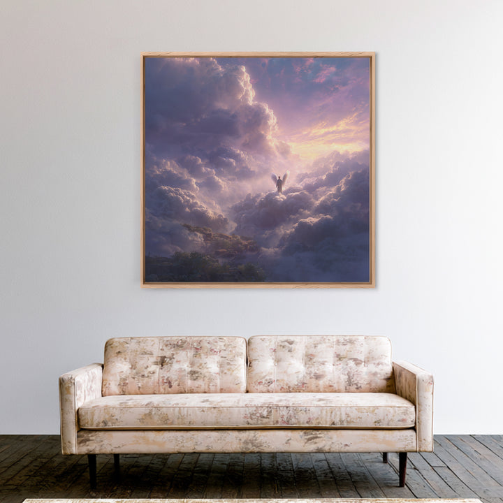 Radiant Angel Above Pastel Clouds Wall Art, Celestial Fantasy Canvas Print, Spiritual Decor, Ethereal Nursery Wall Art, Gift For Her