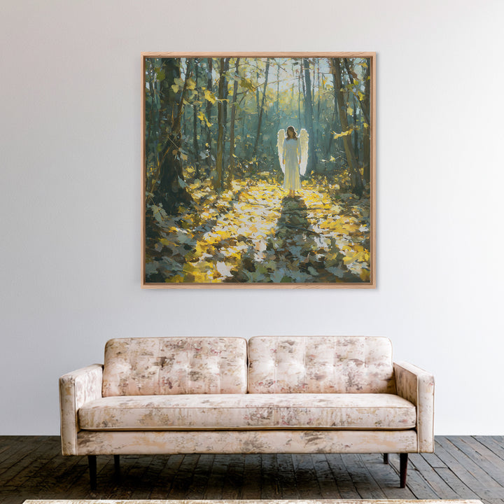 Sunlit Angel In Enchanted Forest Wall Art, Ethereal Christian Canvas Print, Woodland Decor, Spiritual Nursery Art, Calming Decor