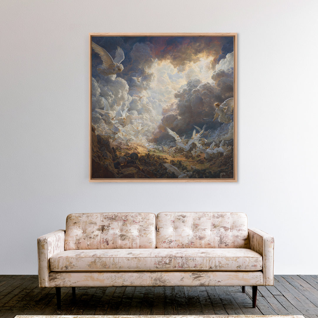 Heavenly Angels In Storm Clouds Canvas Print, Biblical Battle Painting, Christian Wall Decor, Dramatic Renaissance Art Gift