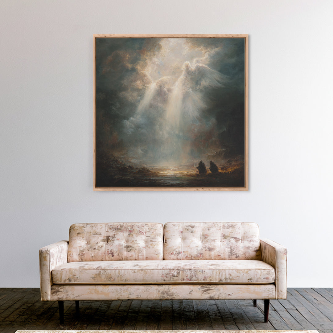 Radiant Angel Emerging From Storm Clouds Framed Canvas Print, Spiritual Wall Art, Religious Home Decor, Prayer Room Gift