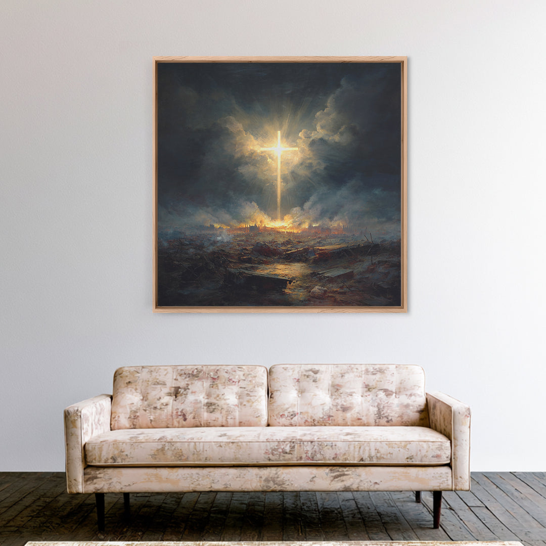 Radiant Cross Over Stormy Battlefield Wall Art, Christian Canvas Print, Dramatic Religious Decor, Spiritual Gift For Home
