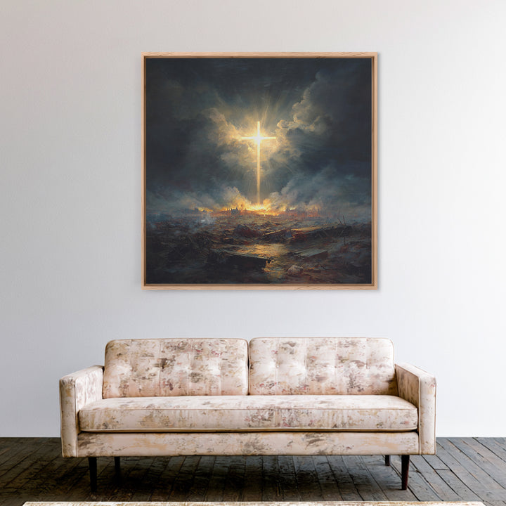 Radiant Cross Over Stormy Battlefield Wall Art, Christian Canvas Print, Dramatic Religious Decor, Spiritual Gift For Home