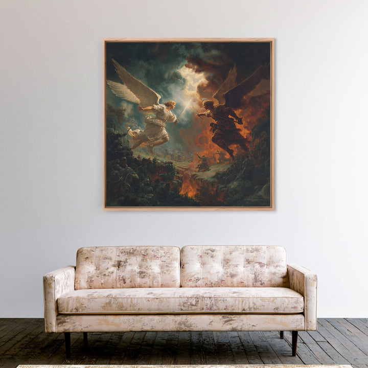 Angel Duel Over Apocalyptic Battlefield Wall Art, Dark Fantasy Framed Canvas Print, Biblical Spiritual Home Decor Gift For Him