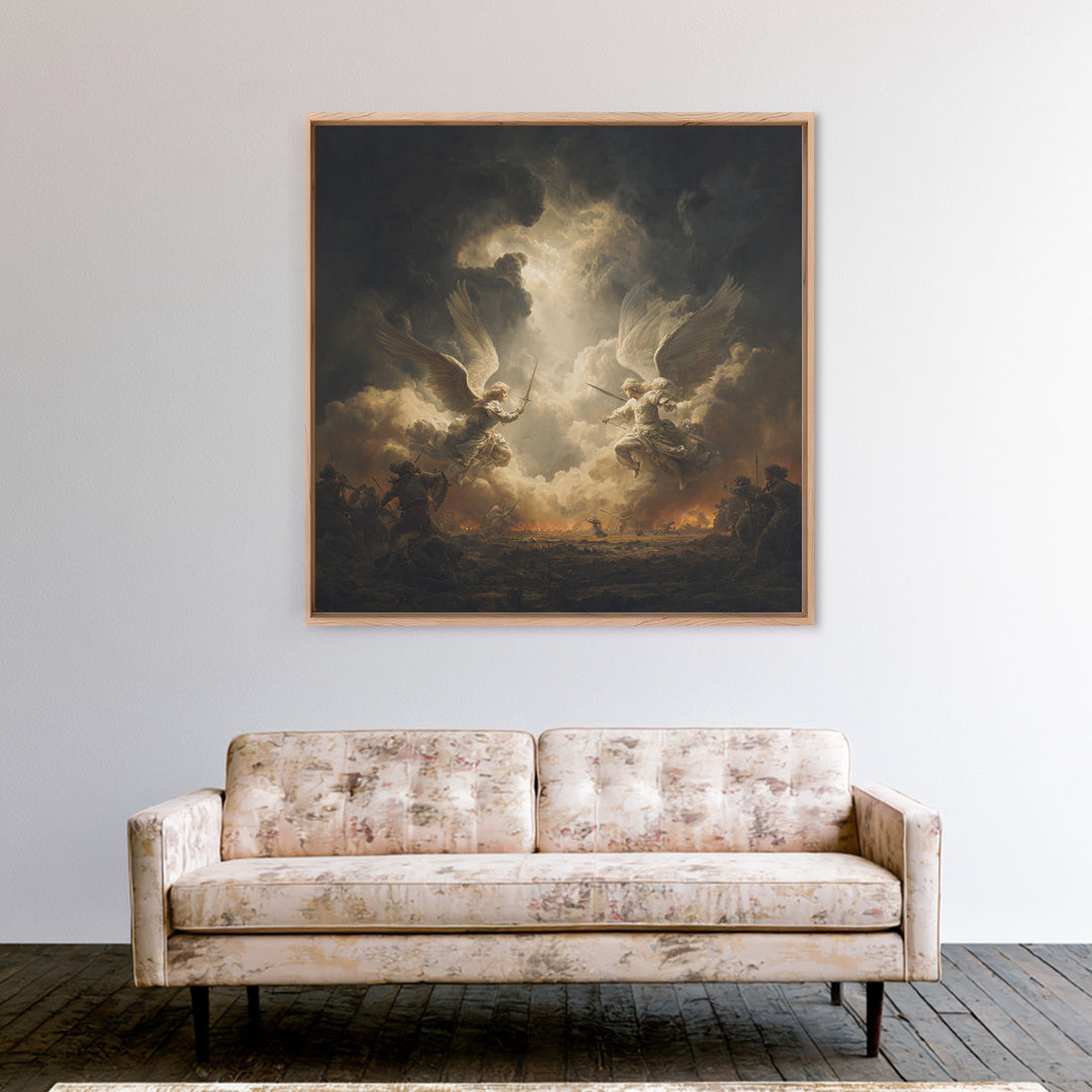 Angelic Battle In Storm Clouds Framed Canvas Print, Dark Baroque Religious Art, Renaissance Wall Decor, Dramatic Fine Art