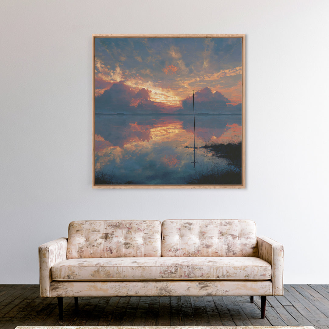 Solitary Cross At Sunset Wall Art, Reflective Lake Landscape Print, Christian Artwork, Spiritual Home Decor, Prayer Room Gift