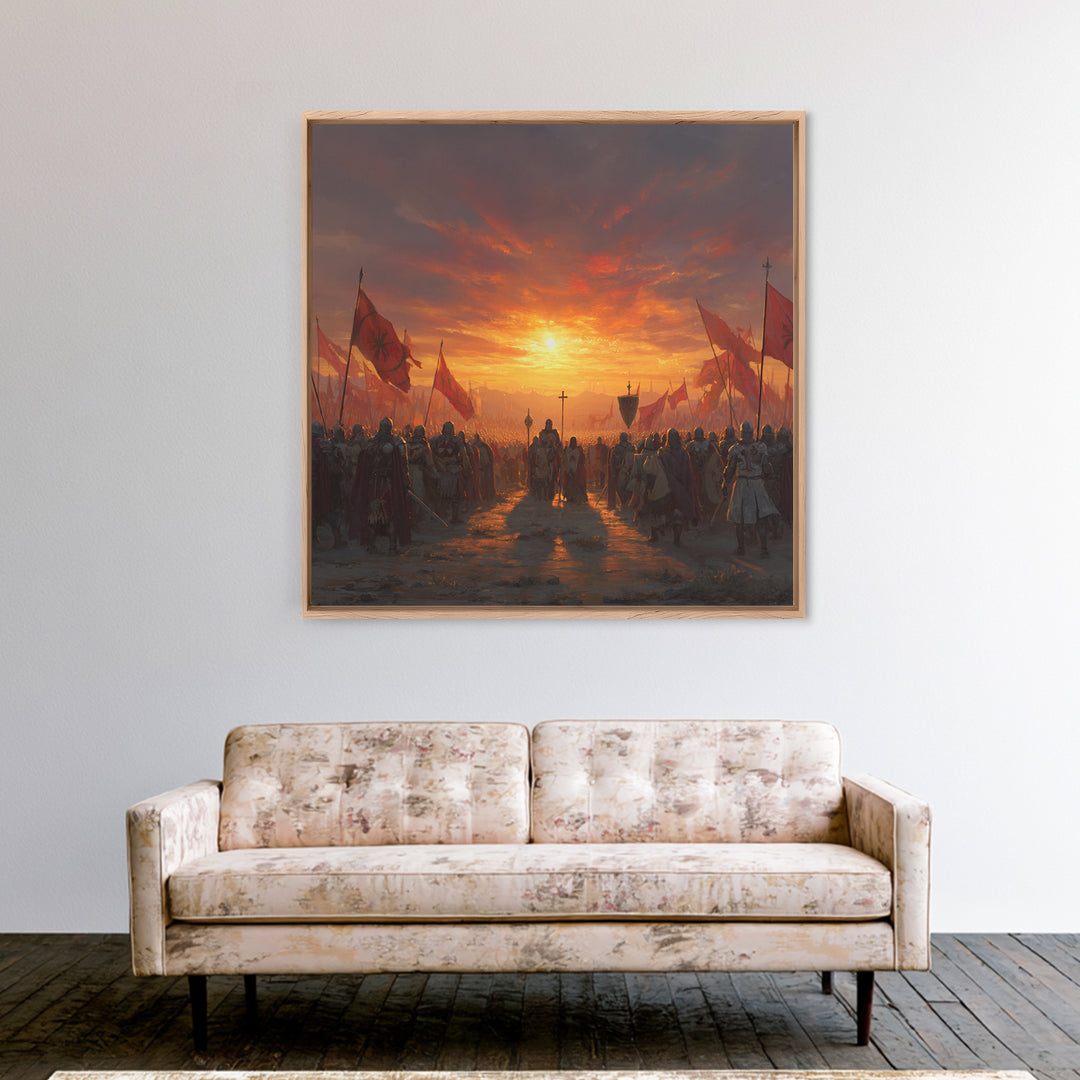 Medieval Army At Fiery Sunset Framed Canvas Print, Crusader Battle Wall Art, Epic Fantasy Decor, Historical Gift For Him