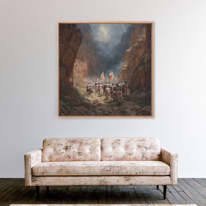 Medieval Knights Marching Through Rocky Canyon Wall Art, Historical Painting Print, Christian Wall Decor, Dramatic Fine Art