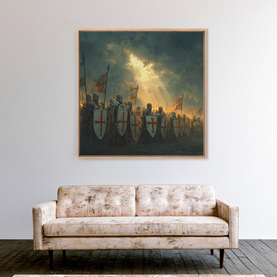 Crusader Knights With Shields Wall Art, Medieval Battle Scene, Religious History Decor, Dark Fantasy Framed Canvas Print