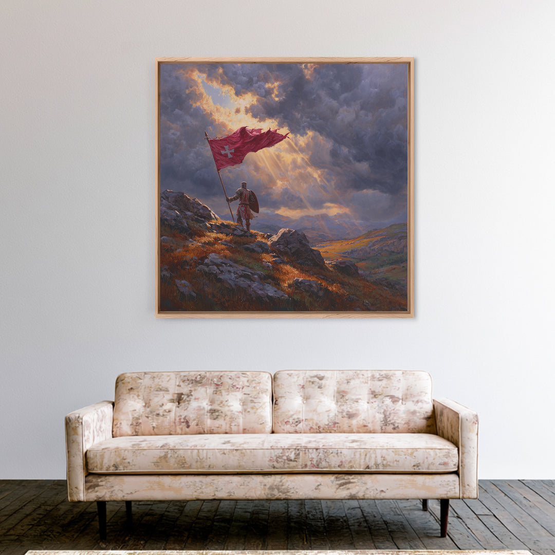 Crusader Knight With Red Flag Framed Canvas Print, Medieval Wall Art, Stormy Mountain Landscape, Christian Warrior Decor