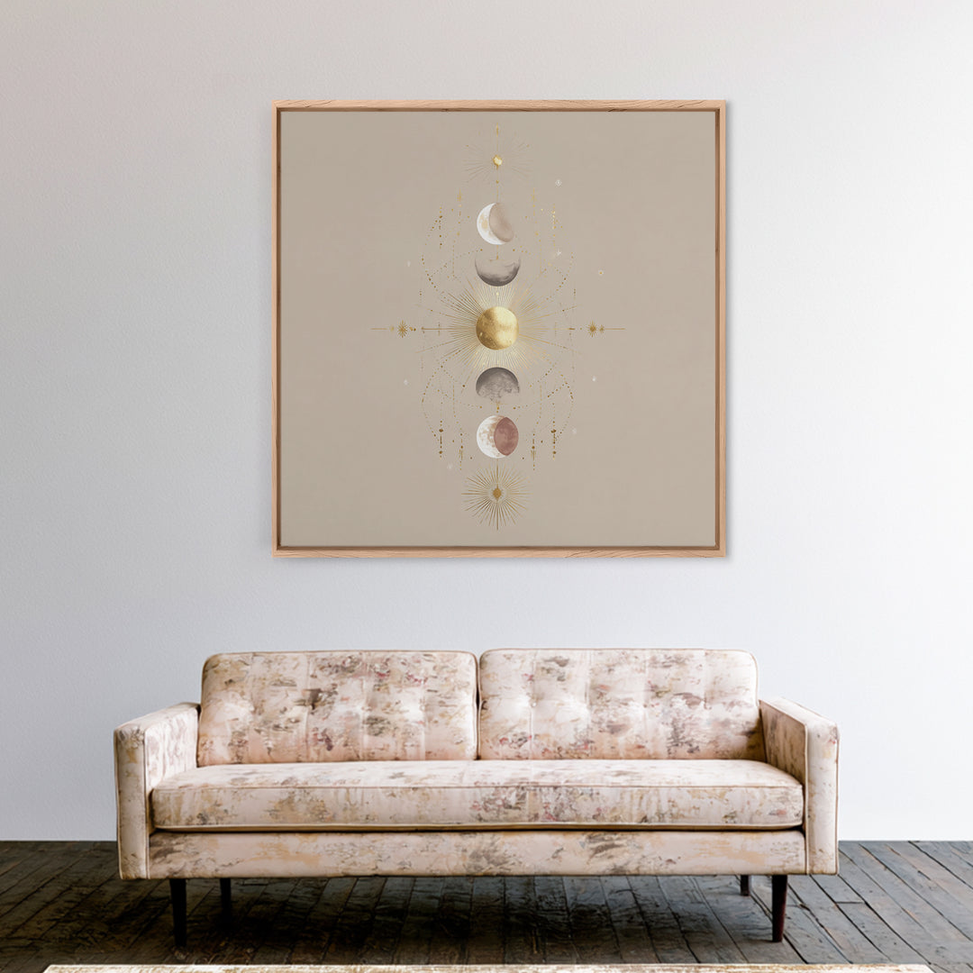 Celestial Moon Phase Wall Art, Gold Sun And Stars Canvas Print, Mystical Astrology Decor, Boho Neutral Bedroom Wall Decor
