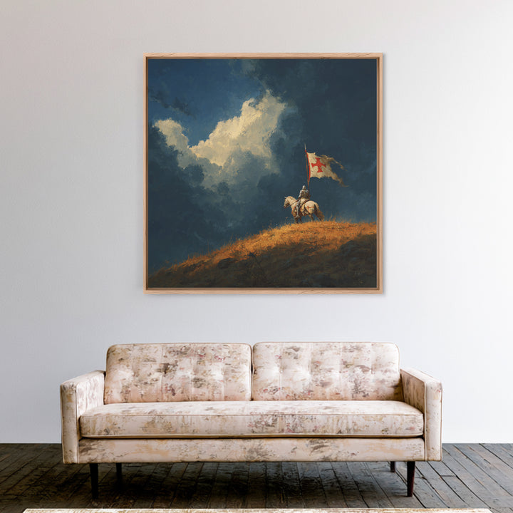 Medieval Knight On Horse With Tattered Flag Wall Art, Dramatic Fantasy Landscape, Gothic Medieval Decor, Warrior Gift Print