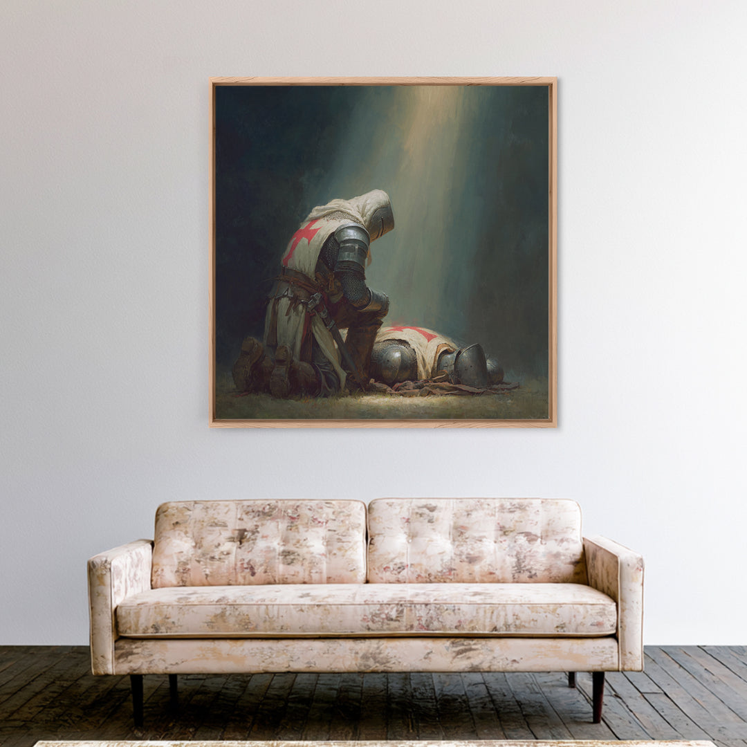 Praying Crusader Knight In Spotlight Canvas Print, Medieval Christian Wall Art, Templar Warrior Decor For Office And Home