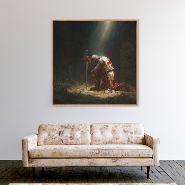 Kneeling Templar Knight In Sacred Light Framed Canvas Print, Medieval Christian Wall Art For Gothic Office Decor Gift Idea