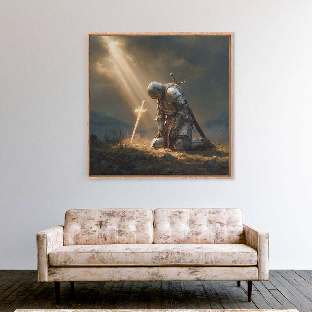 Kneeling Knight Before Glowing Cross Wall Art, Medieval Christian Painting, Inspirational Faith Decor, Gift For Men Poster